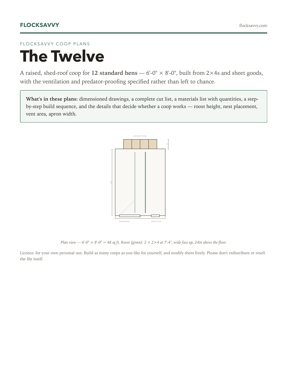 Cover page of a FlockSavvy coop plan set showing a dimensioned plan view